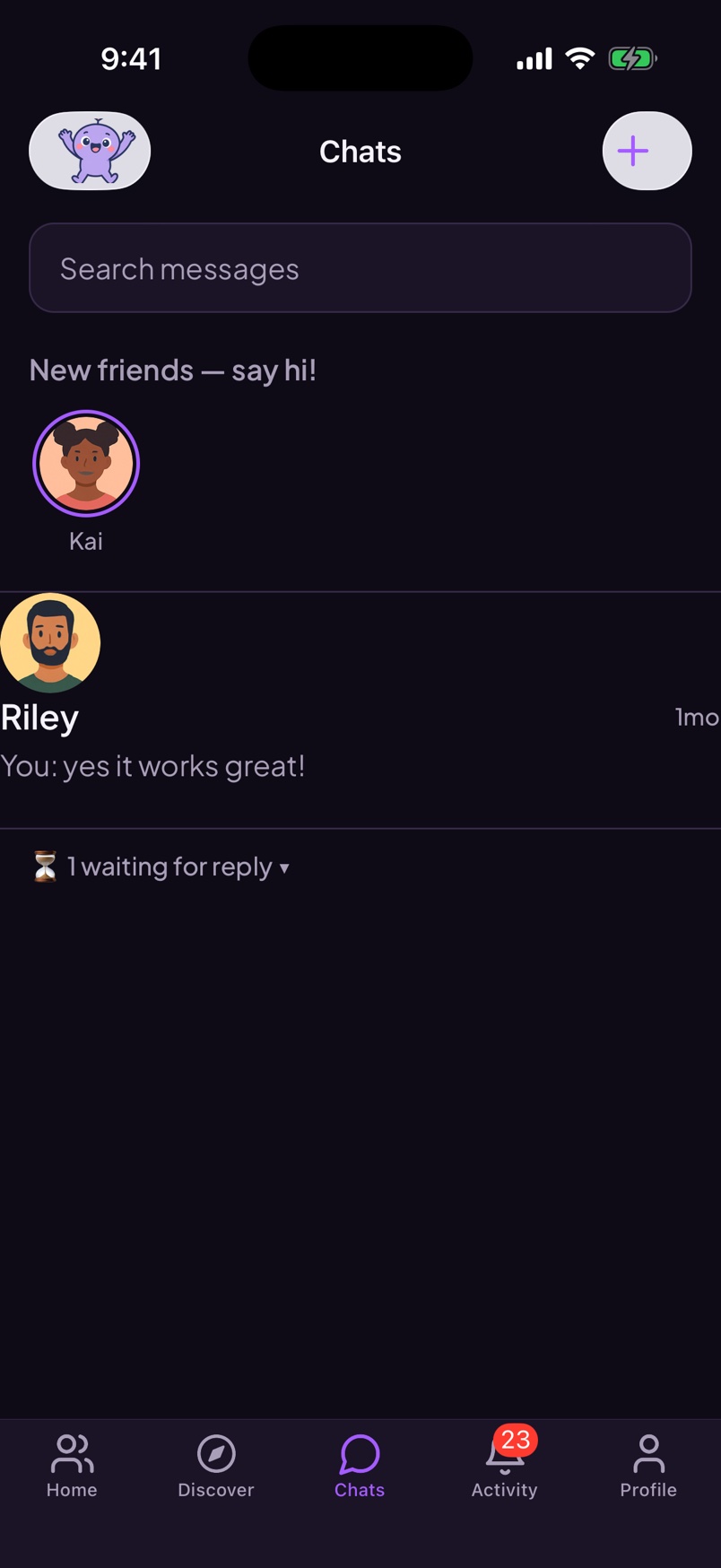 Wovo Chats screen showing a new friend and recent conversation