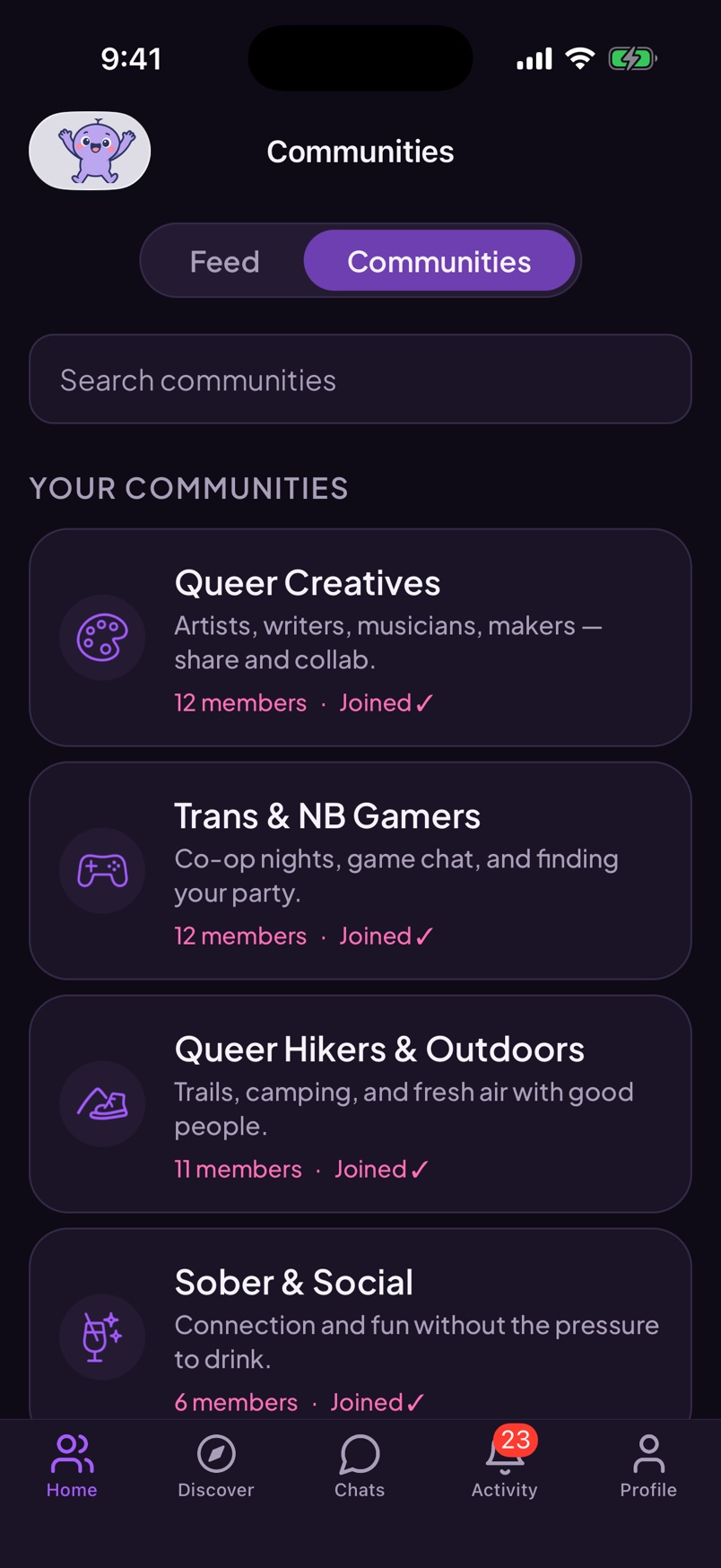 Wovo Communities screen showing joined interest communities