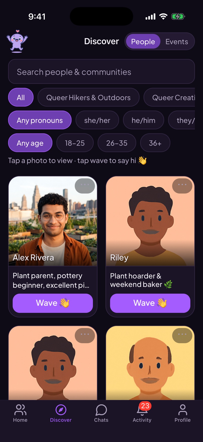 Wovo Discover screen showing people, community, pronoun, and age filters
