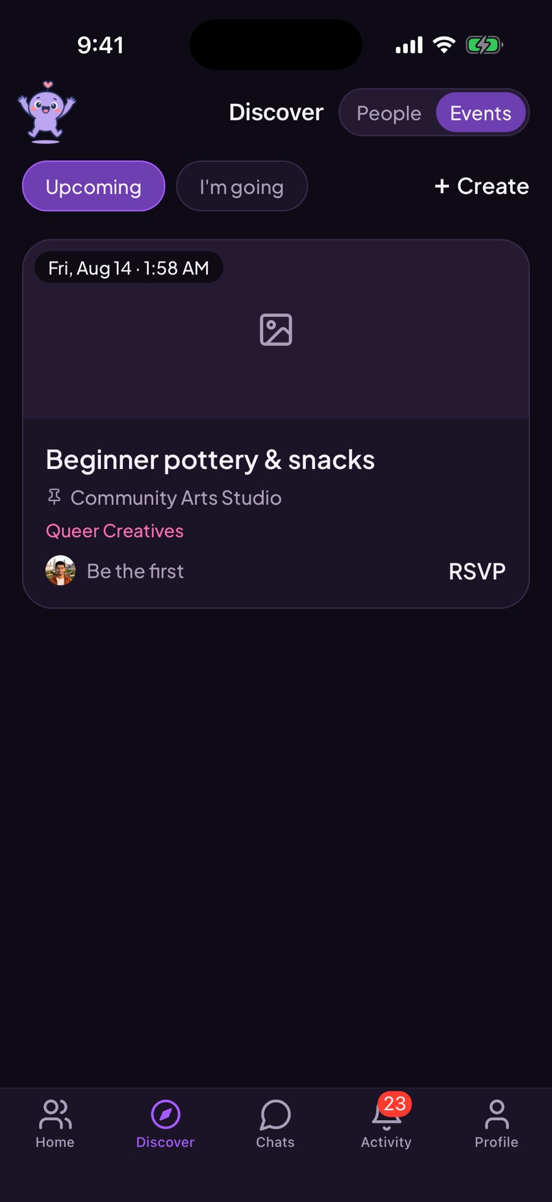Wovo Events screen showing a beginner pottery and snacks meetup