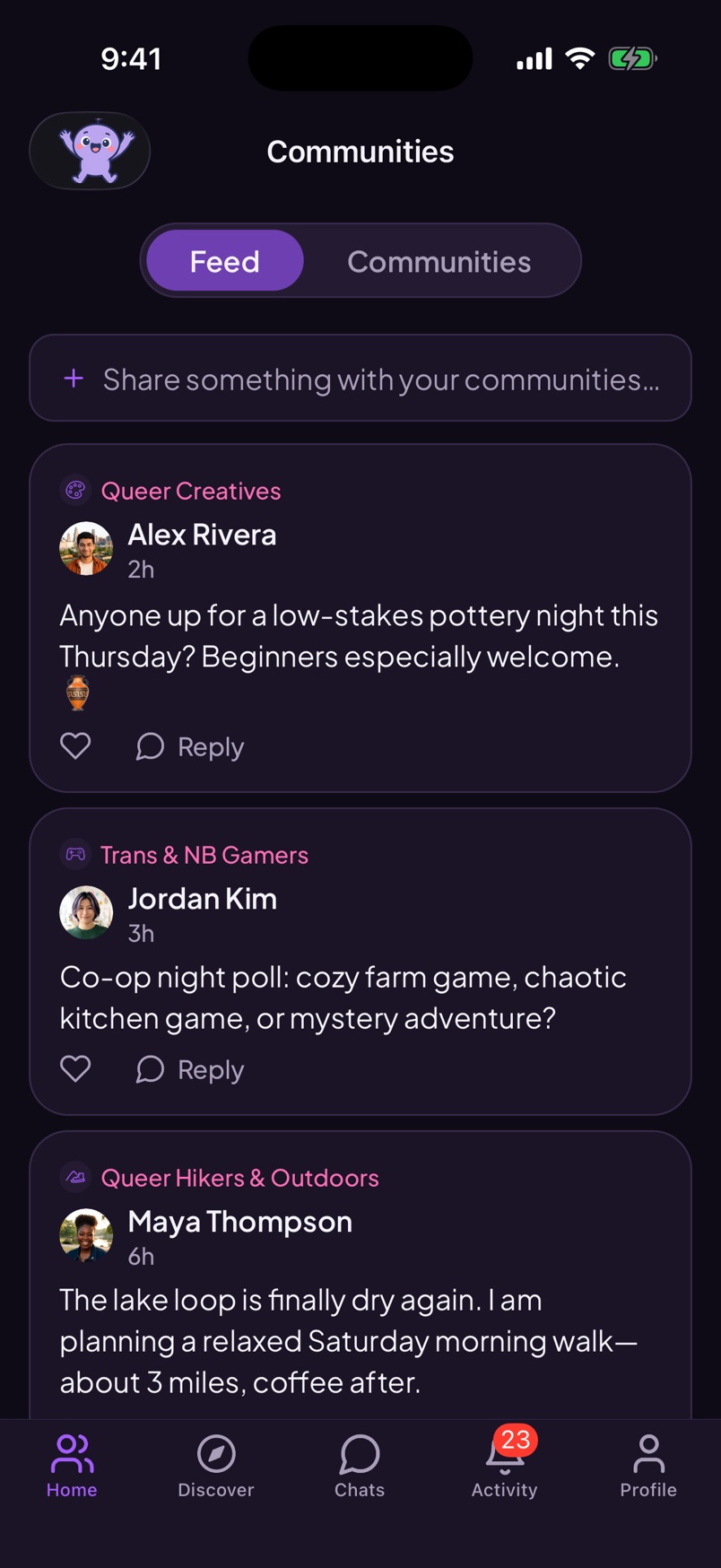 Wovo home feed showing posts from Queer Creatives, Trans and nonbinary gamers, and Queer Hikers